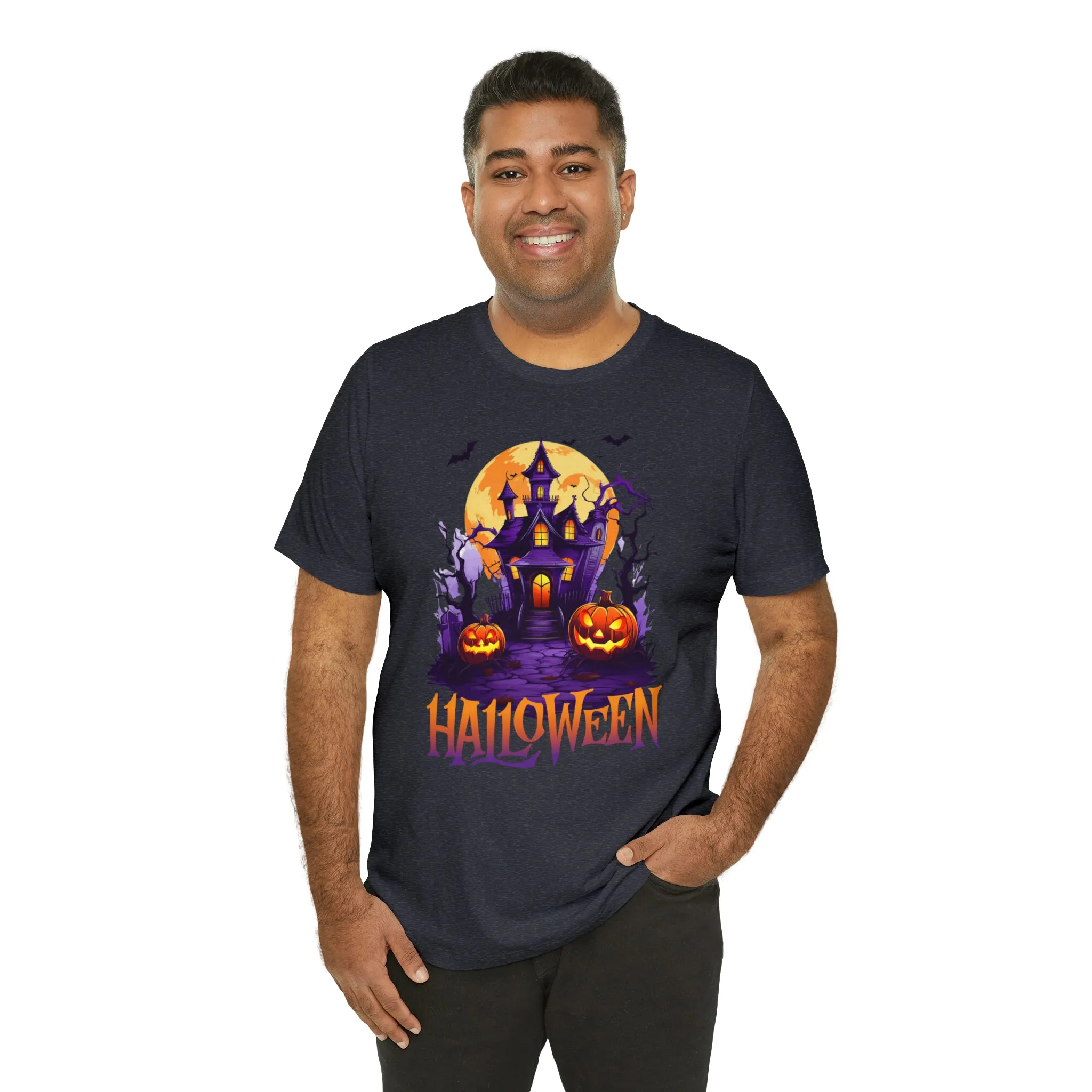 Halloween Haunted House T-Shirt | Scary House with Bats Tee |  Bella Canvas 3001Unisex | Spooky Short Sleeve Tshirt