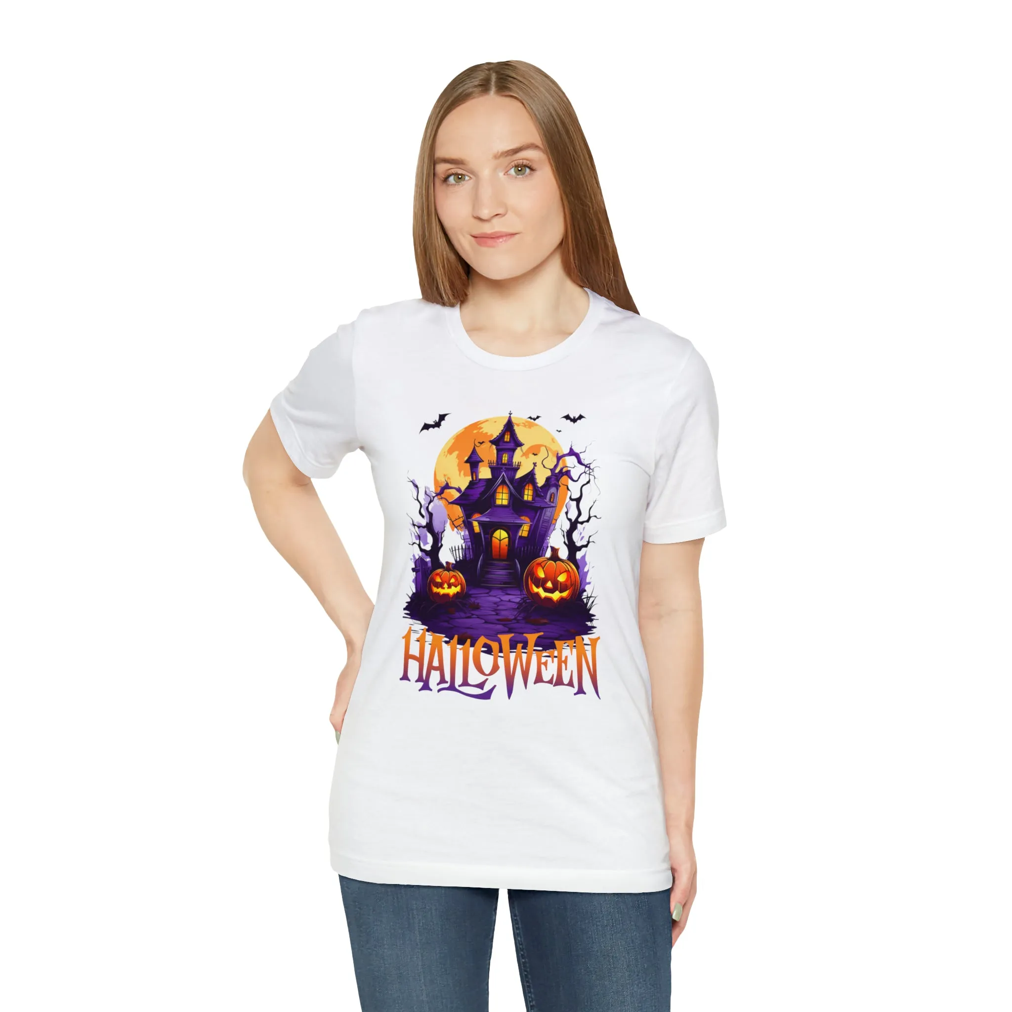 Halloween Haunted House T-Shirt | Scary House with Bats Tee |  Bella Canvas 3001Unisex | Spooky Short Sleeve Tshirt