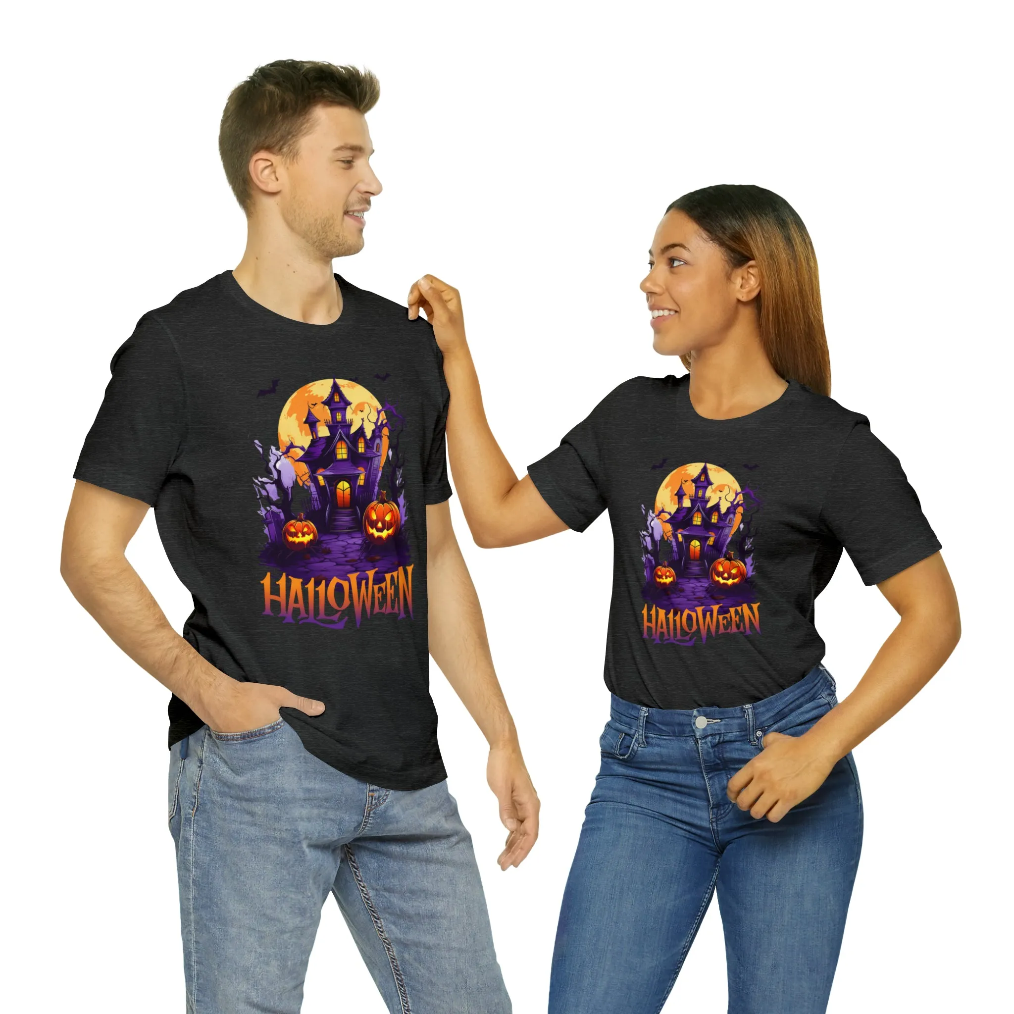 Halloween Haunted House T-Shirt | Scary House with Bats Tee |  Bella Canvas 3001Unisex | Spooky Short Sleeve Tshirt