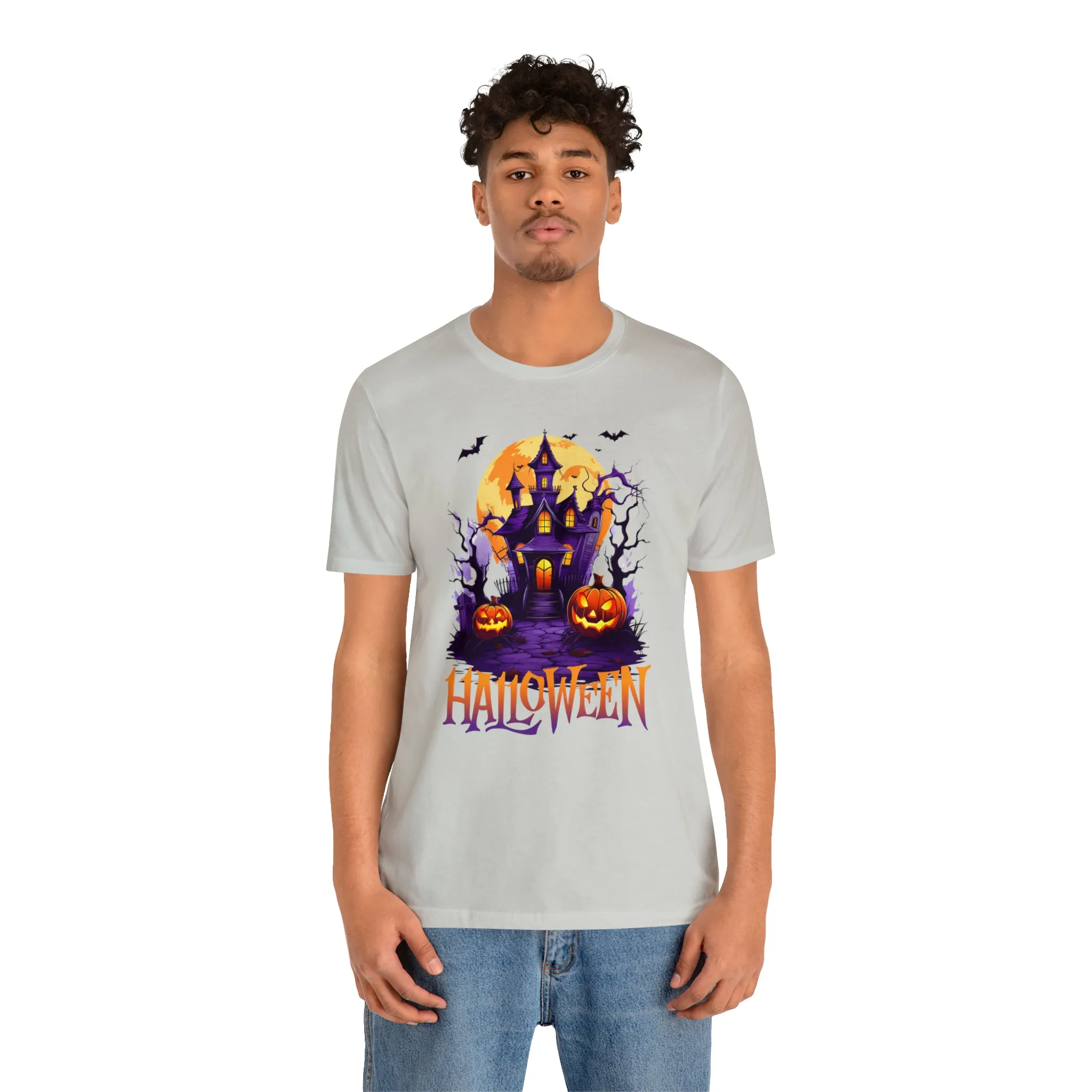 Halloween Haunted House T-Shirt | Scary House with Bats Tee |  Bella Canvas 3001Unisex | Spooky Short Sleeve Tshirt