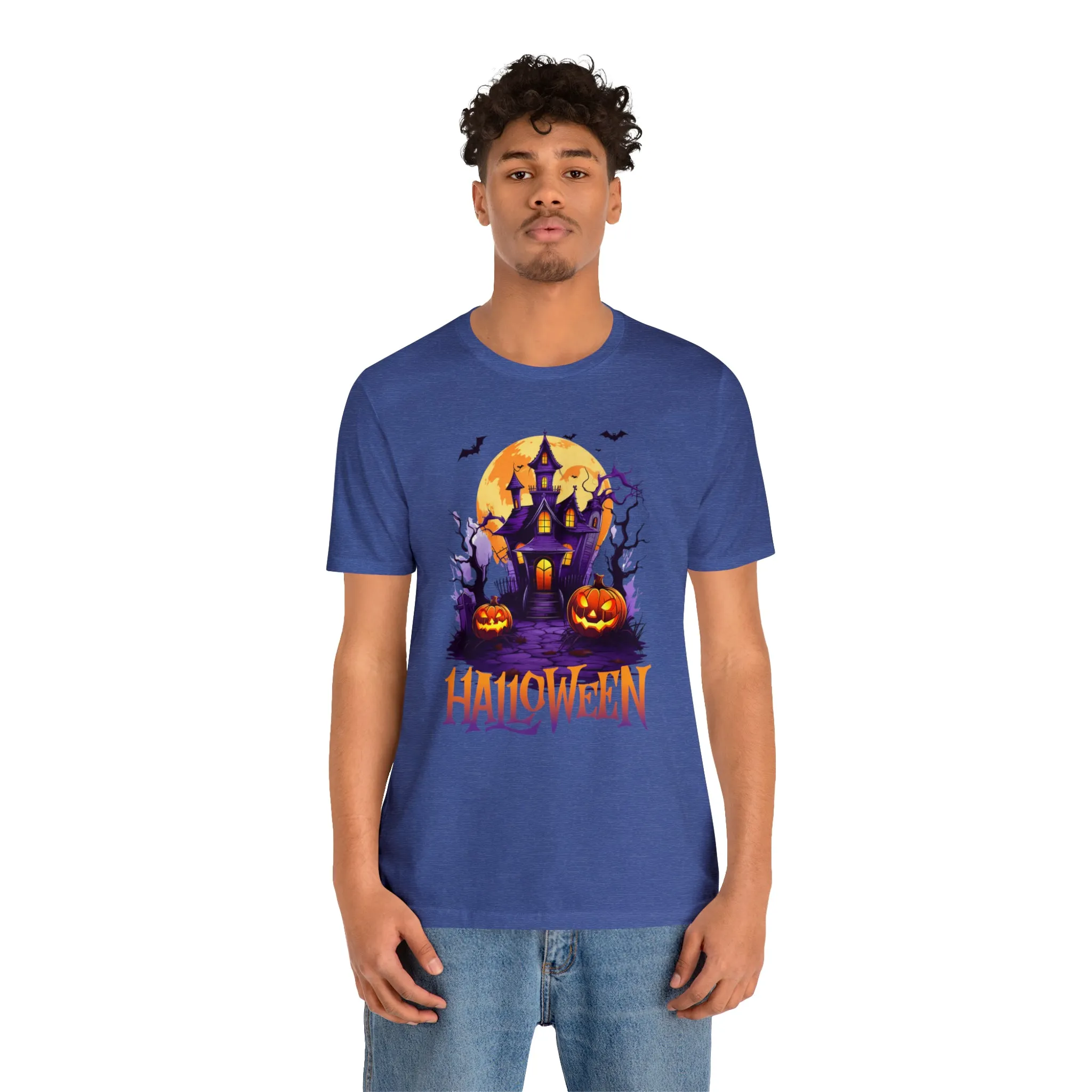 Halloween Haunted House T-Shirt | Scary House with Bats Tee |  Bella Canvas 3001Unisex | Spooky Short Sleeve Tshirt