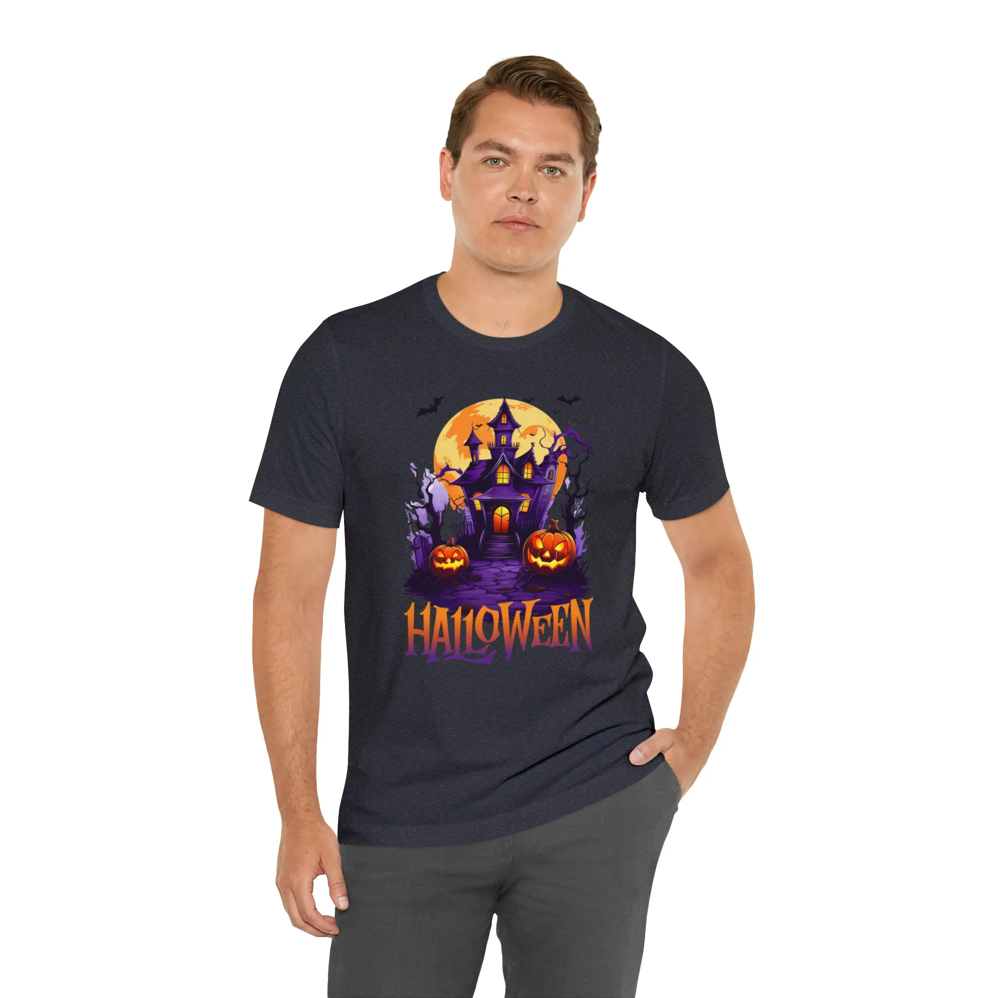 Halloween Haunted House T-Shirt | Scary House with Bats Tee |  Bella Canvas 3001Unisex | Spooky Short Sleeve Tshirt