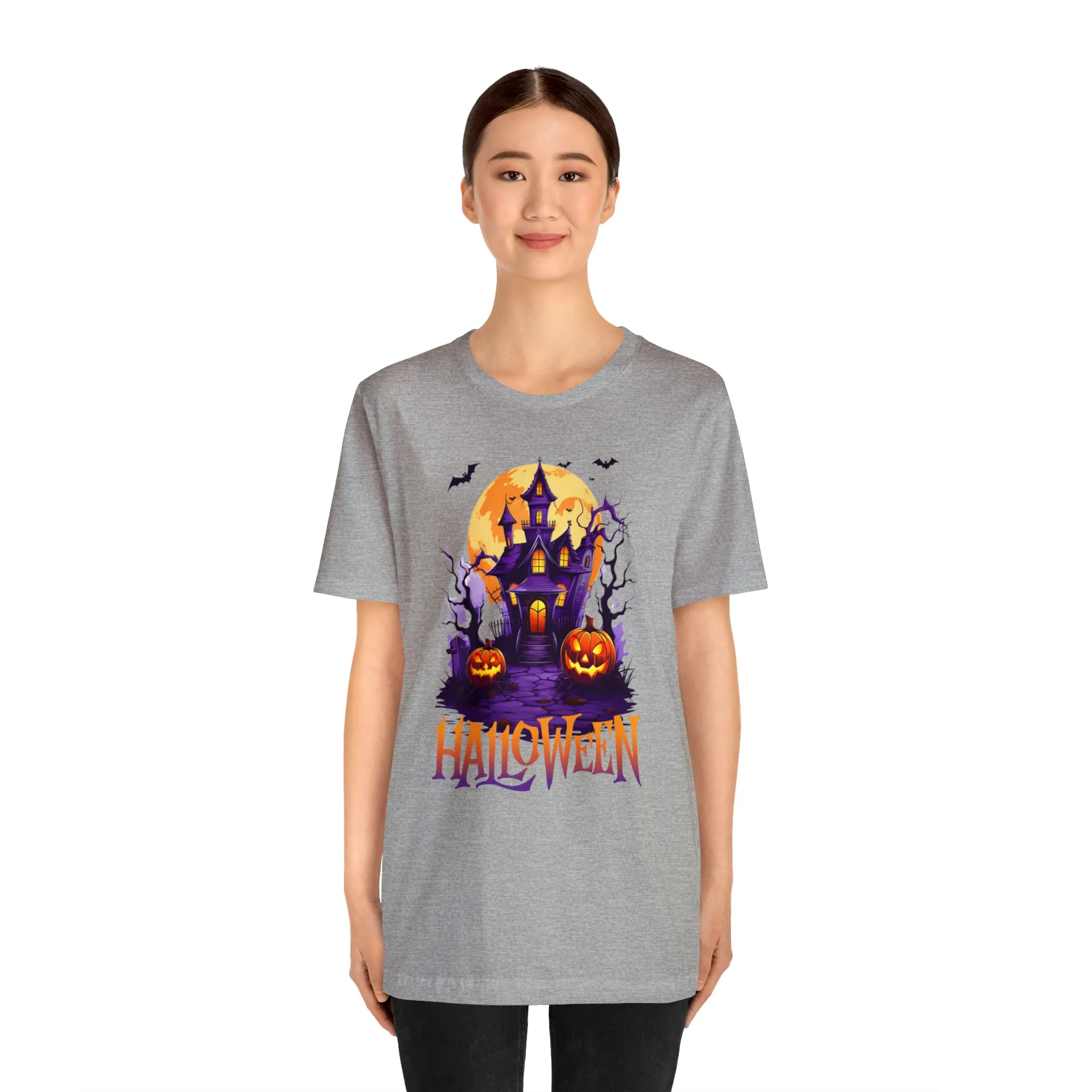 Halloween Haunted House T-Shirt | Scary House with Bats Tee |  Bella Canvas 3001Unisex | Spooky Short Sleeve Tshirt