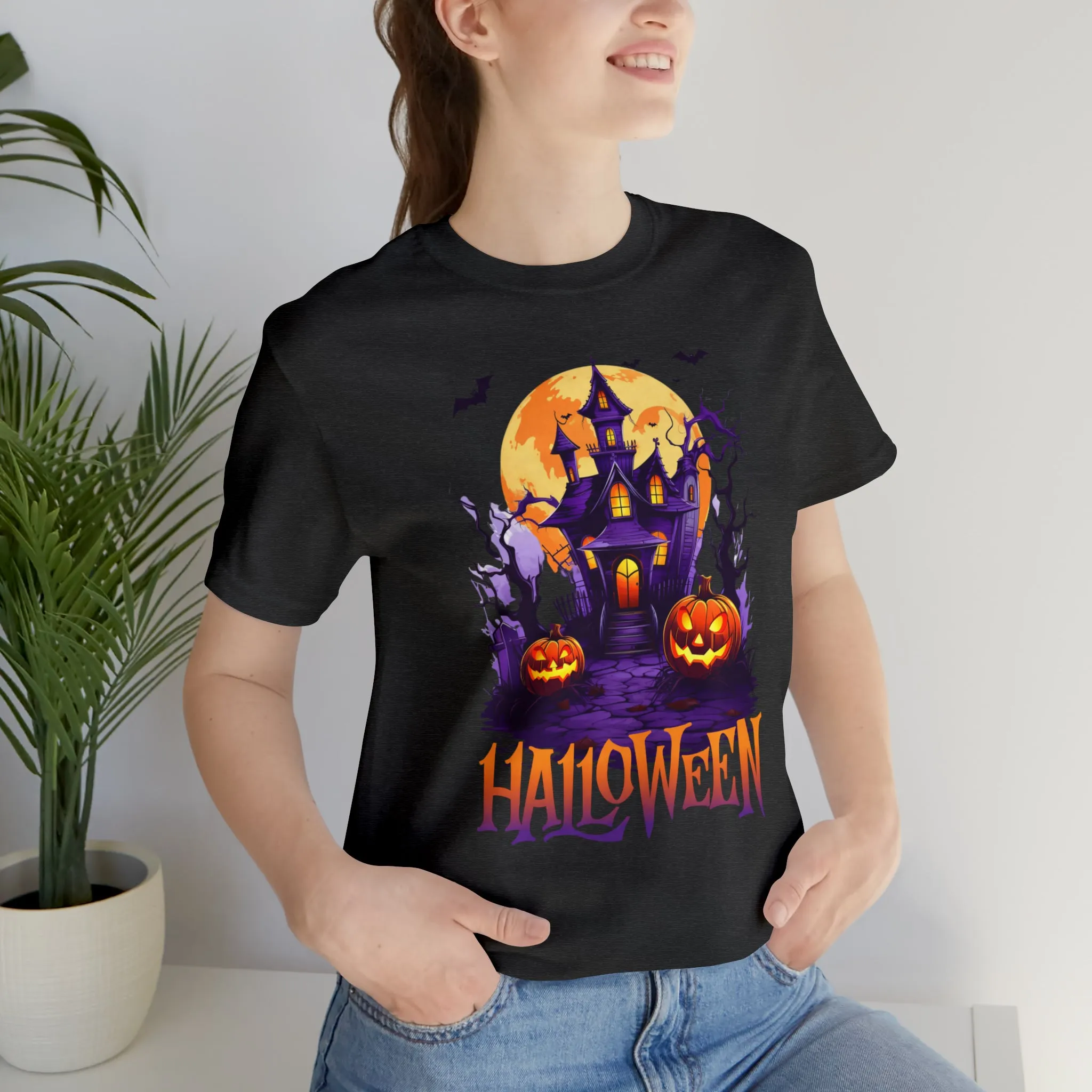 Halloween Haunted House T-Shirt | Scary House with Bats Tee |  Bella Canvas 3001Unisex | Spooky Short Sleeve Tshirt