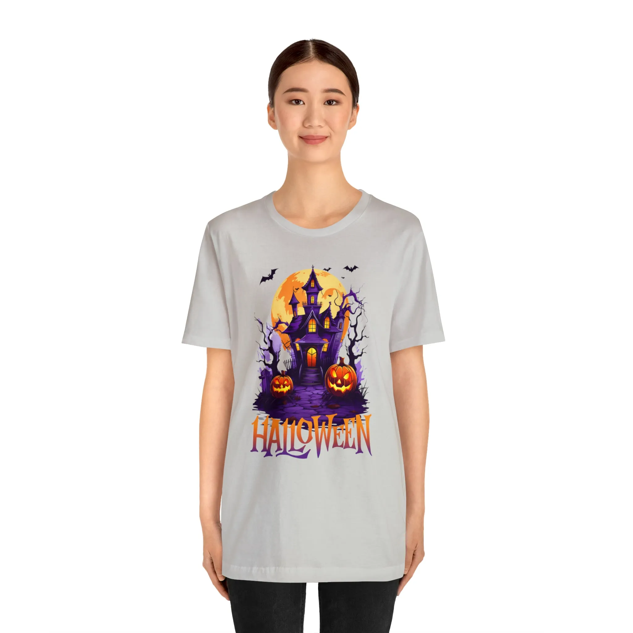 Halloween Haunted House T-Shirt | Scary House with Bats Tee |  Bella Canvas 3001Unisex | Spooky Short Sleeve Tshirt