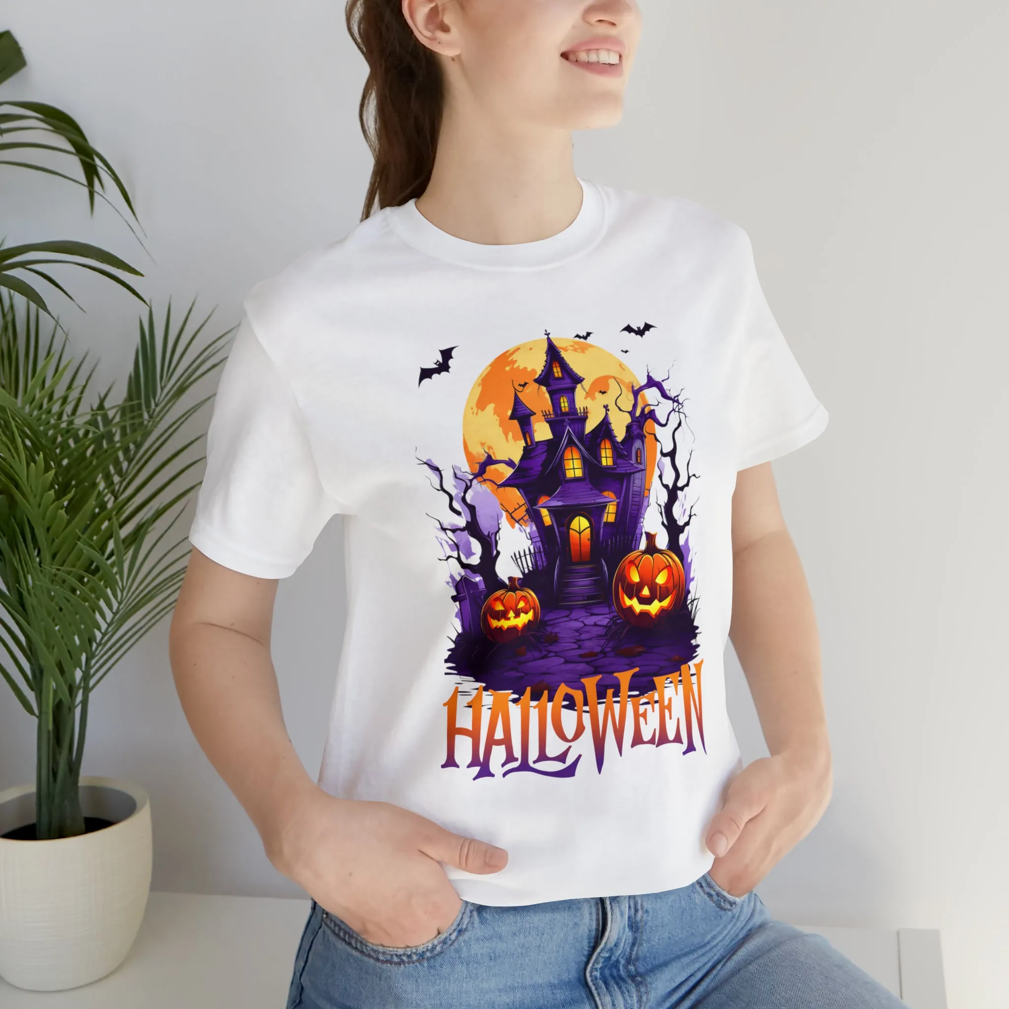 Halloween Haunted House T-Shirt | Scary House with Bats Tee |  Bella Canvas 3001Unisex | Spooky Short Sleeve Tshirt