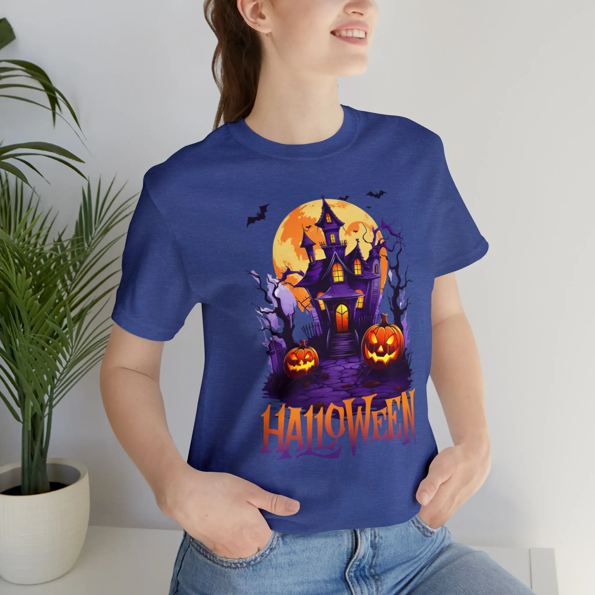 Halloween Haunted House T-Shirt | Scary House with Bats Tee |  Bella Canvas 3001Unisex | Spooky Short Sleeve Tshirt