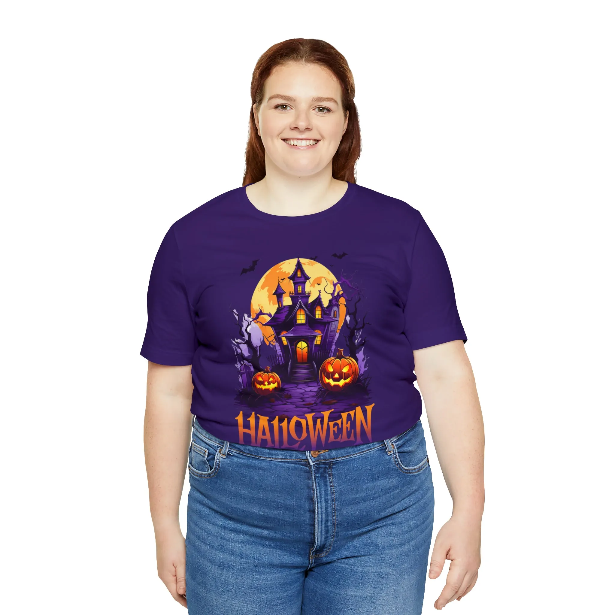 Halloween Haunted House T-Shirt | Scary House with Bats Tee |  Bella Canvas 3001Unisex | Spooky Short Sleeve Tshirt