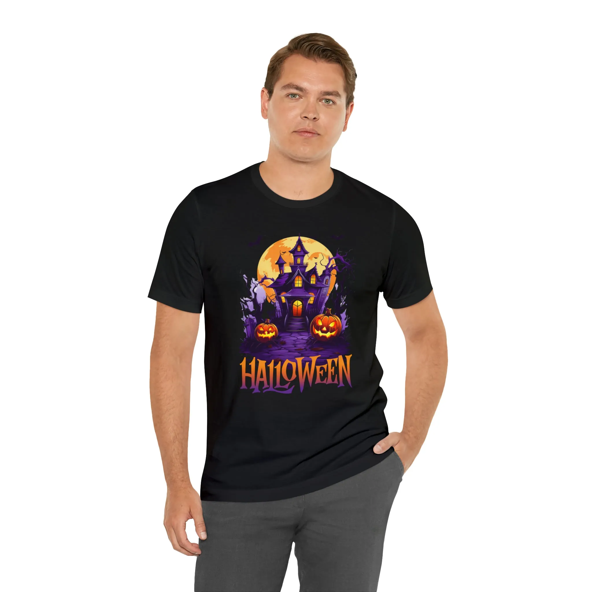 Halloween Haunted House T-Shirt | Scary House with Bats Tee |  Bella Canvas 3001Unisex | Spooky Short Sleeve Tshirt