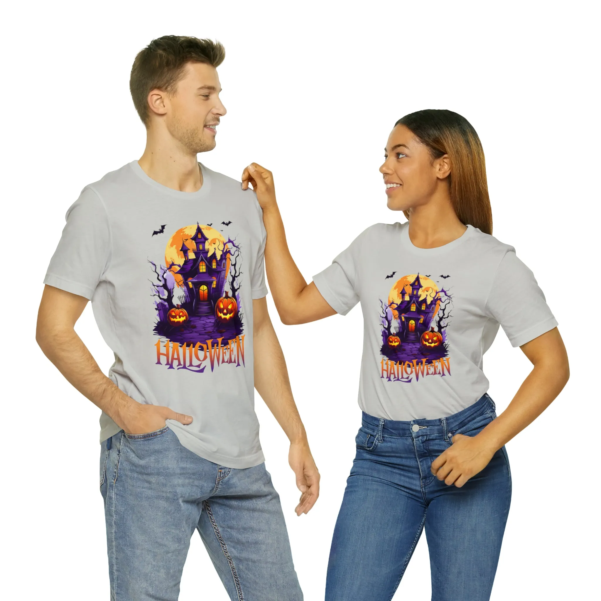 Halloween Haunted House T-Shirt | Scary House with Bats Tee |  Bella Canvas 3001Unisex | Spooky Short Sleeve Tshirt