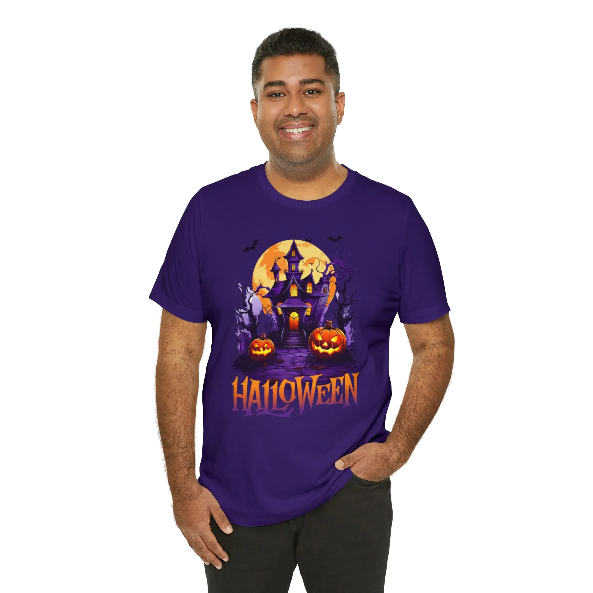 Halloween Haunted House T-Shirt | Scary House with Bats Tee |  Bella Canvas 3001Unisex | Spooky Short Sleeve Tshirt