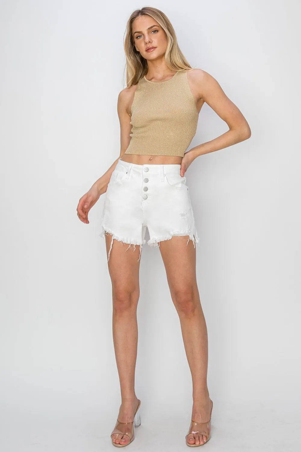 Hazel Blues® |  RISEN Button Fly Frayed Hem Denim Shorts
