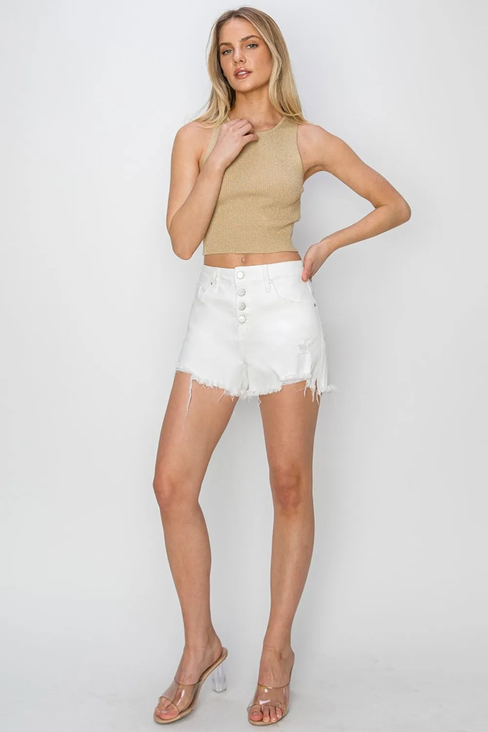 Hazel Blues® |  RISEN Button Fly Frayed Hem Denim Shorts