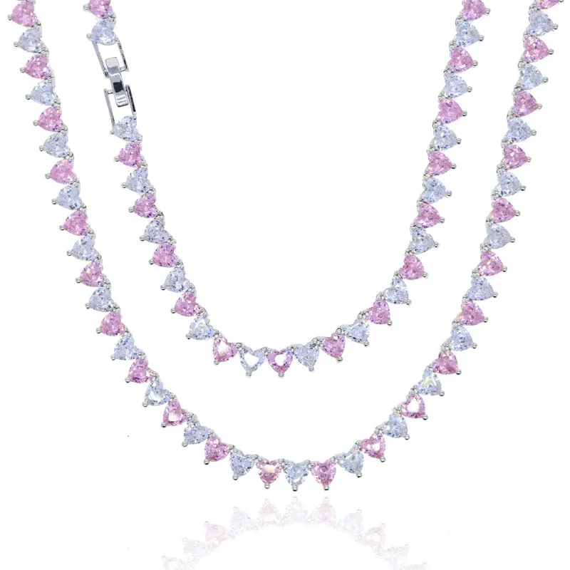 Heart Shaped Cubic Zirconia Stones Tennis Necklace White Pink Cubic Zirconia Women's Jewelry Choker