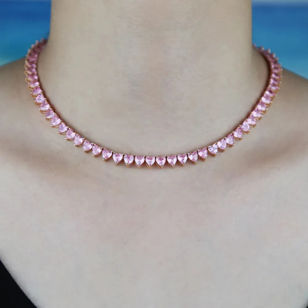 Heart Shaped Cubic Zirconia Stones Tennis Necklace White Pink Cubic Zirconia Women's Jewelry Choker