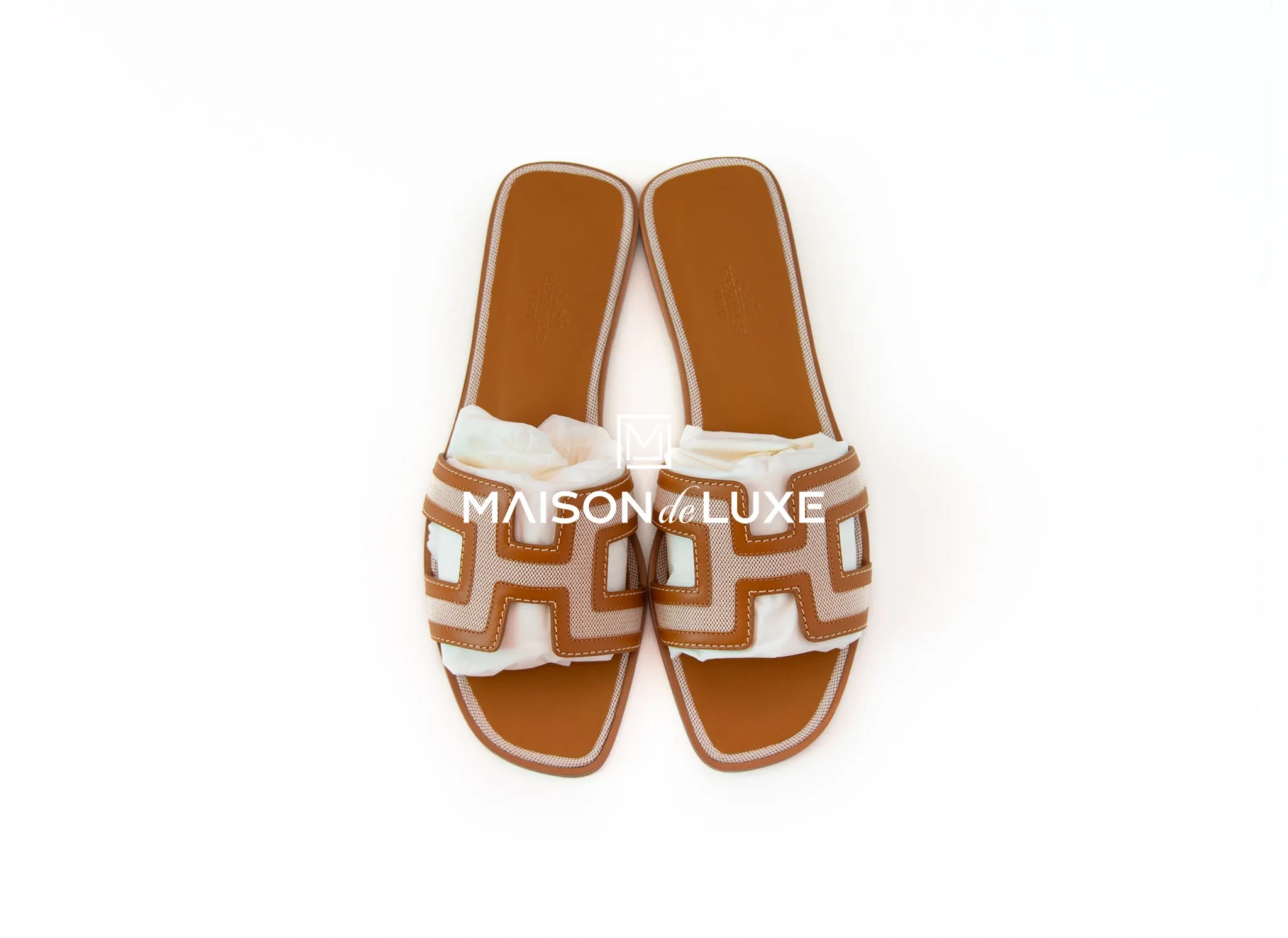 Hermes Women's Canvas Noisette / Beige Dore Oran Sandal 38.5