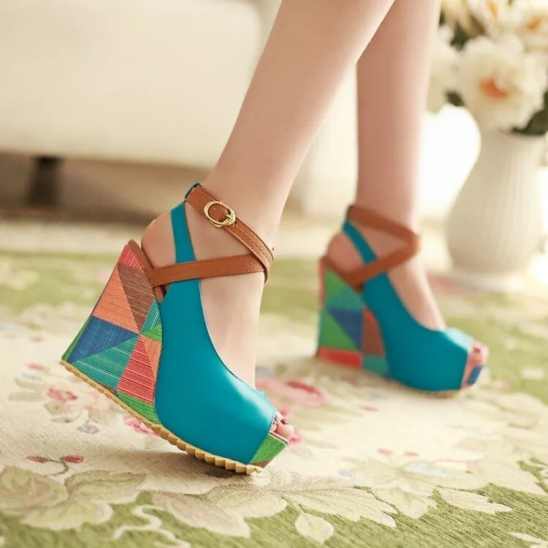 High-heeled Sandals Boho Wedge Mixed Color Peep Toe High Heels Beach Shoes Drees Shoes Ankle Tie Muller Shoes New