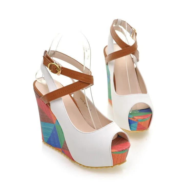 High-heeled Sandals Boho Wedge Mixed Color Peep Toe High Heels Beach Shoes Drees Shoes Ankle Tie Muller Shoes New