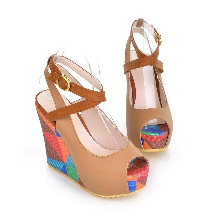 High-heeled Sandals Boho Wedge Mixed Color Peep Toe High Heels Beach Shoes Drees Shoes Ankle Tie Muller Shoes New