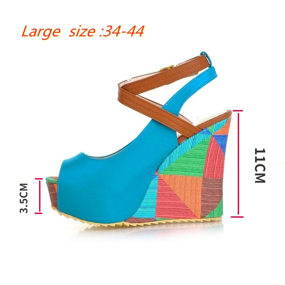 High-heeled Sandals Boho Wedge Mixed Color Peep Toe High Heels Beach Shoes Drees Shoes Ankle Tie Muller Shoes New