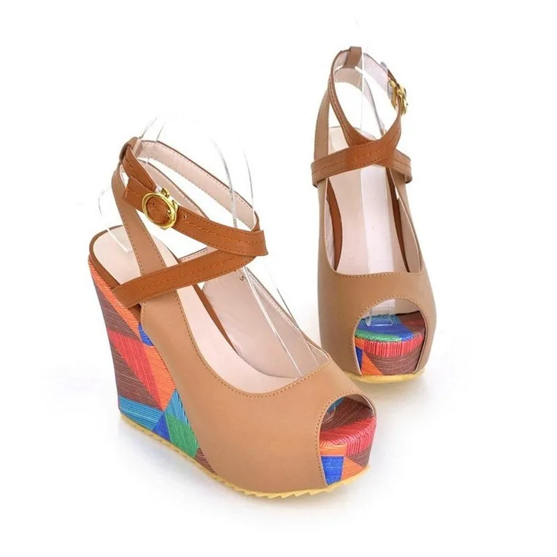 High-heeled Sandals Boho Wedge Mixed Color Peep Toe High Heels Beach Shoes Drees Shoes Ankle Tie Muller Shoes New