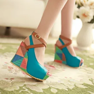 High-heeled Sandals Boho Wedge Mixed Color Peep Toe High Heels Beach Shoes Drees Shoes Ankle Tie Muller Shoes New