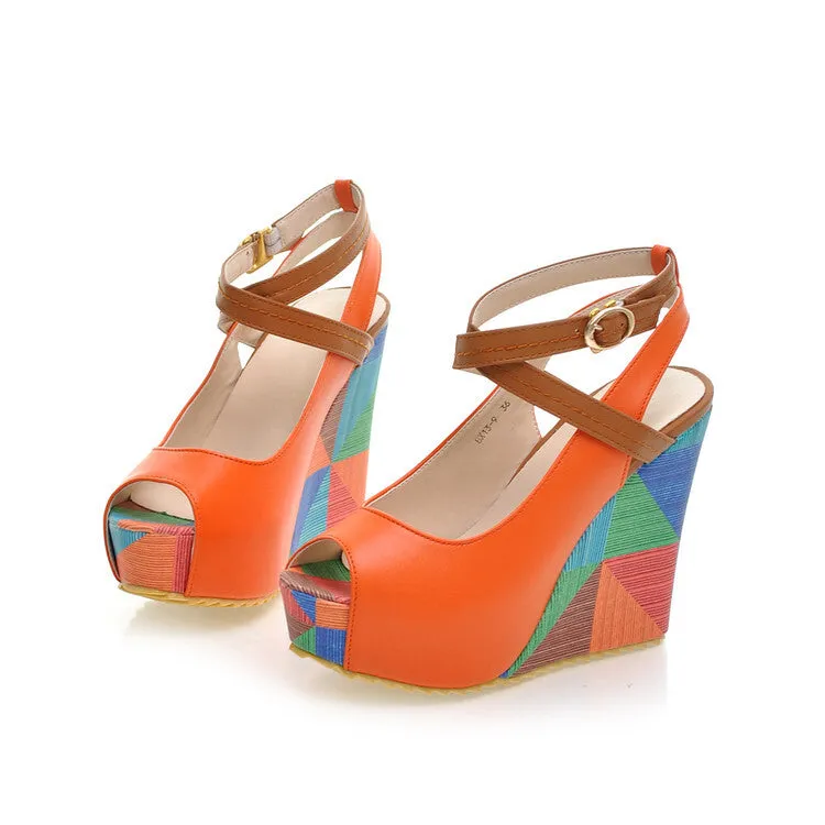 High-heeled Sandals Boho Wedge Mixed Color Peep Toe High Heels Beach Shoes Drees Shoes Ankle Tie Muller Shoes New