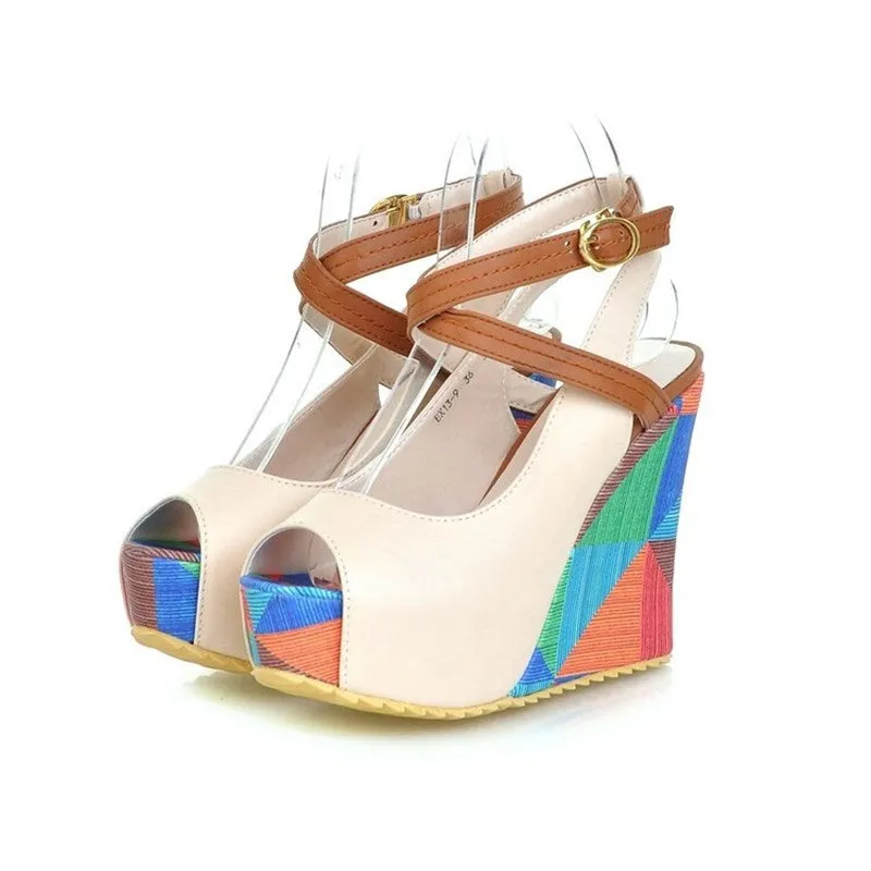 High-heeled Sandals Boho Wedge Mixed Color Peep Toe High Heels Beach Shoes Drees Shoes Ankle Tie Muller Shoes New