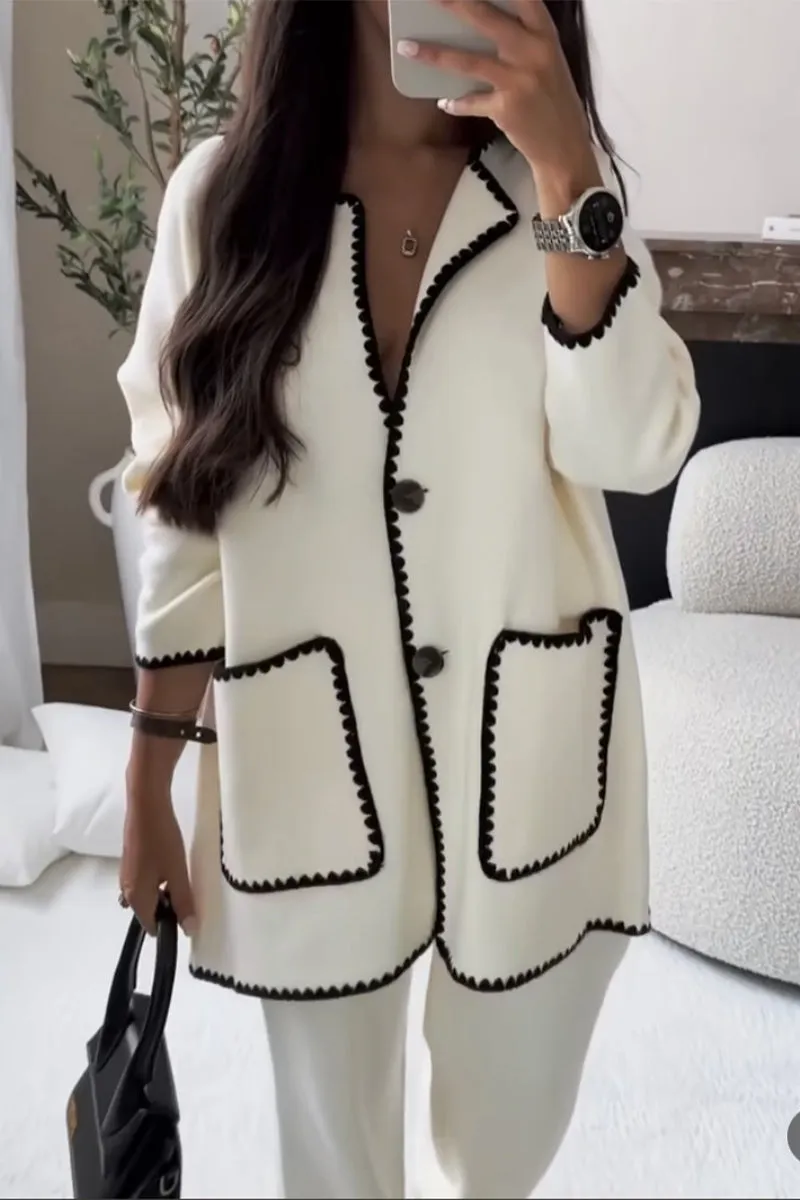 HUS1093 Chic Contrast-Trim Two-Piece Set