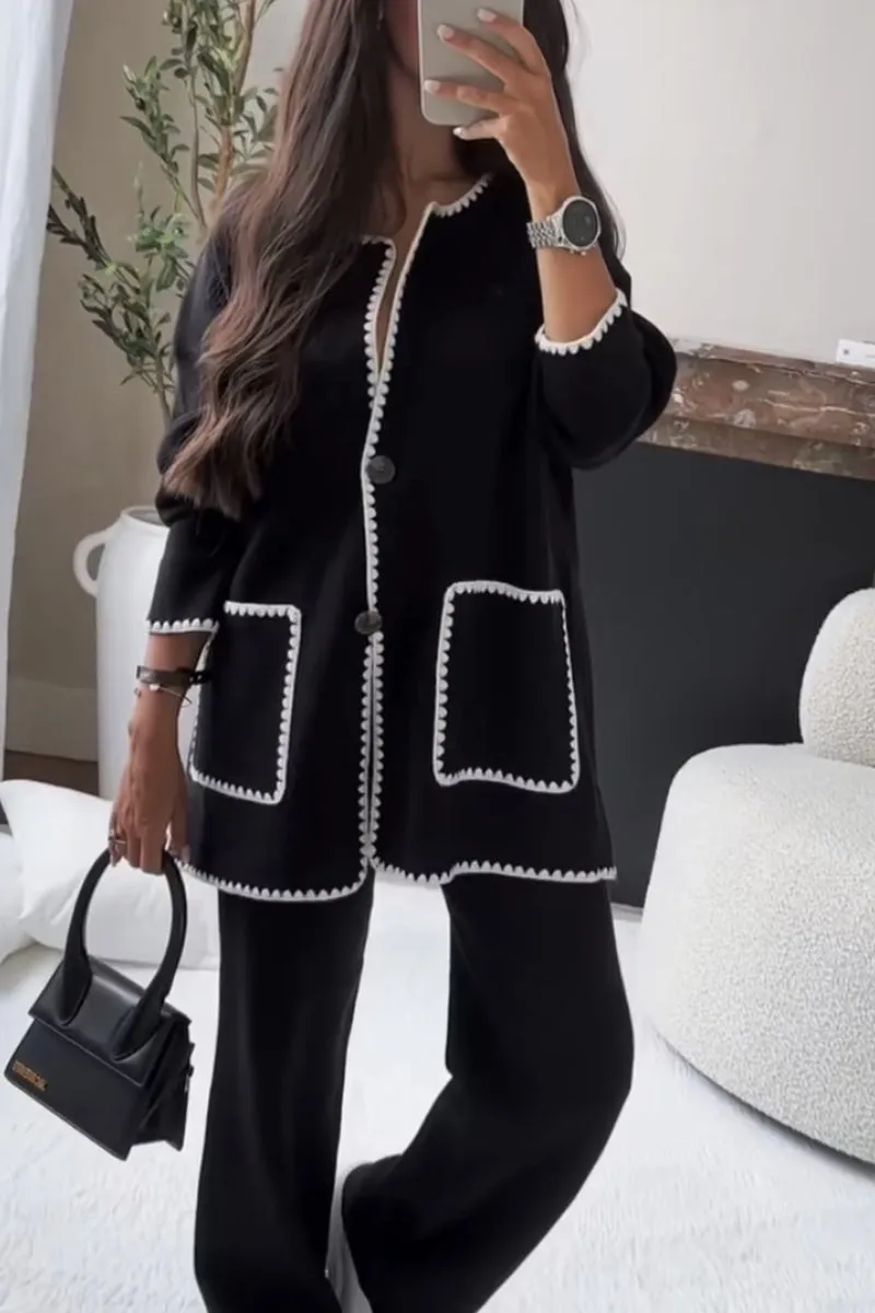 HUS1093 Chic Contrast-Trim Two-Piece Set