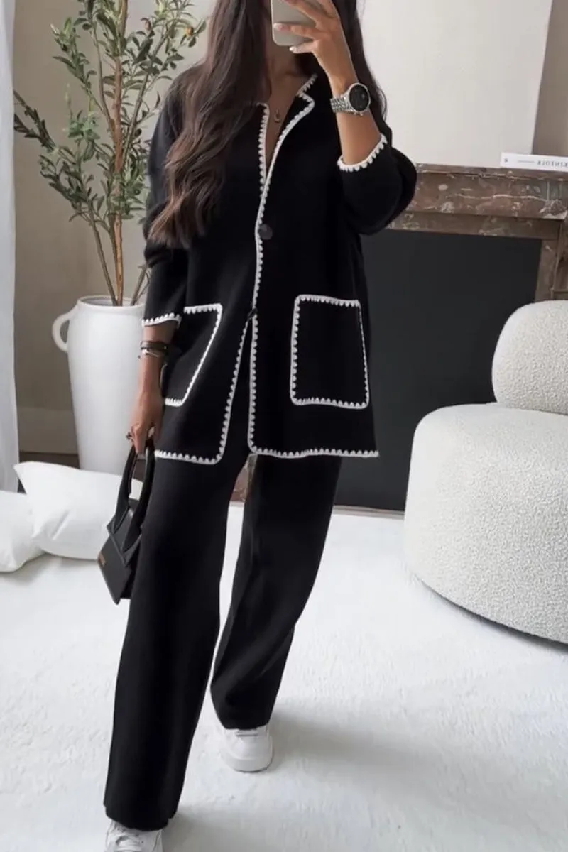 HUS1093 Chic Contrast-Trim Two-Piece Set