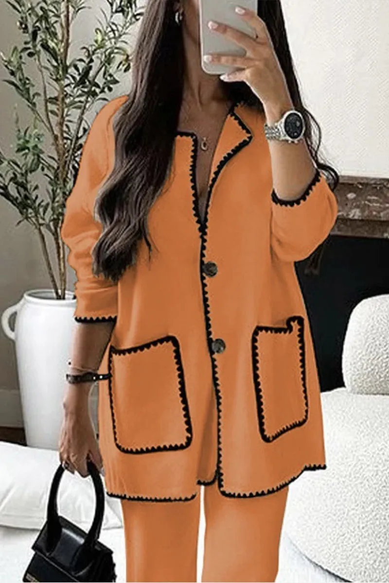 HUS1093 Chic Contrast-Trim Two-Piece Set