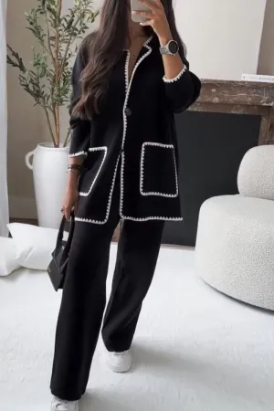 HUS1093 Chic Contrast-Trim Two-Piece Set