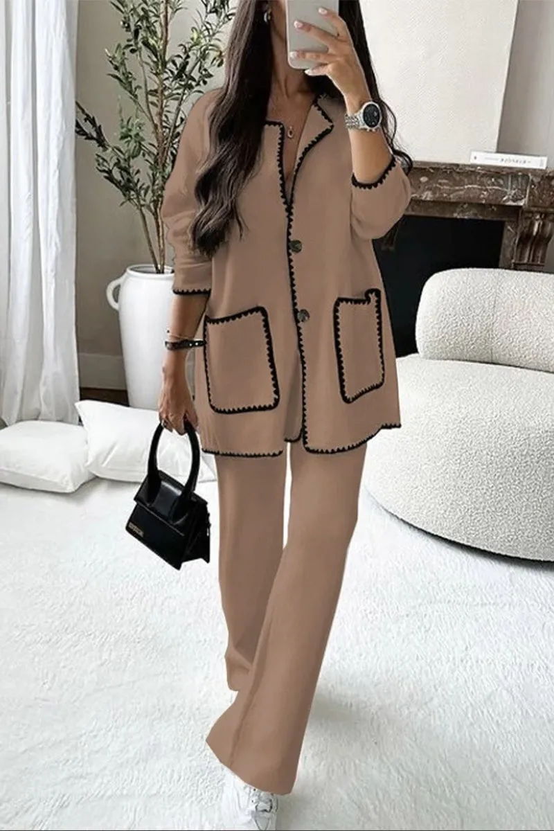 HUS1093 Chic Contrast-Trim Two-Piece Set