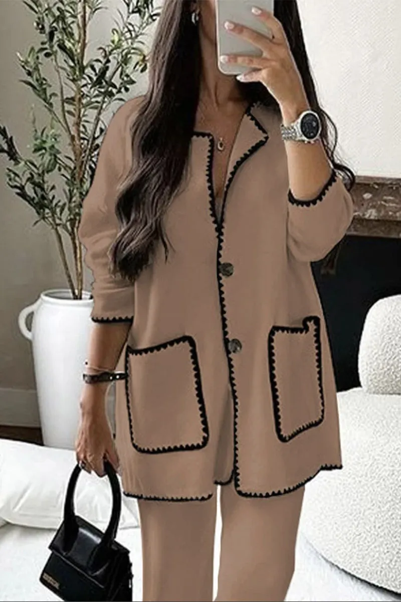 HUS1093 Chic Contrast-Trim Two-Piece Set