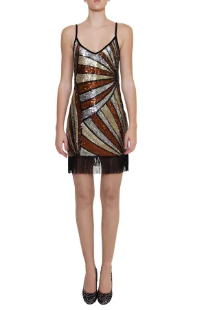 Ilona Rich Bronze Geometric Tassel Sequin Dress