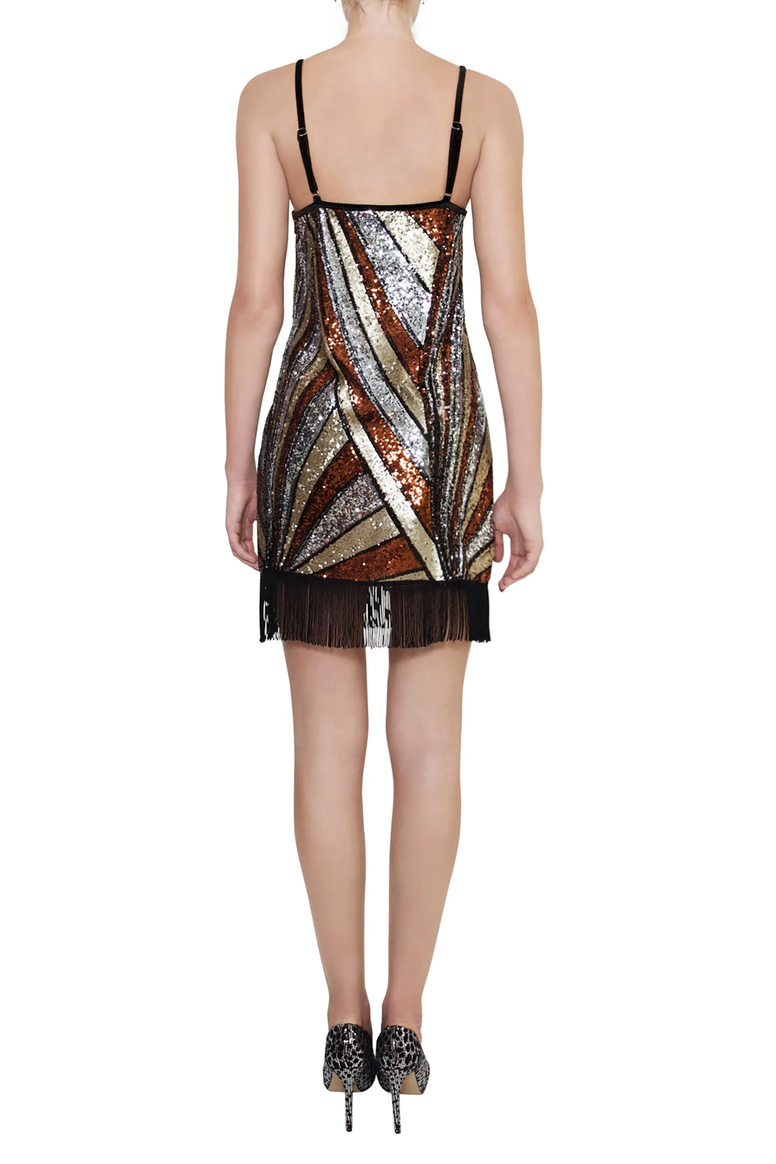 Ilona Rich Bronze Geometric Tassel Sequin Dress
