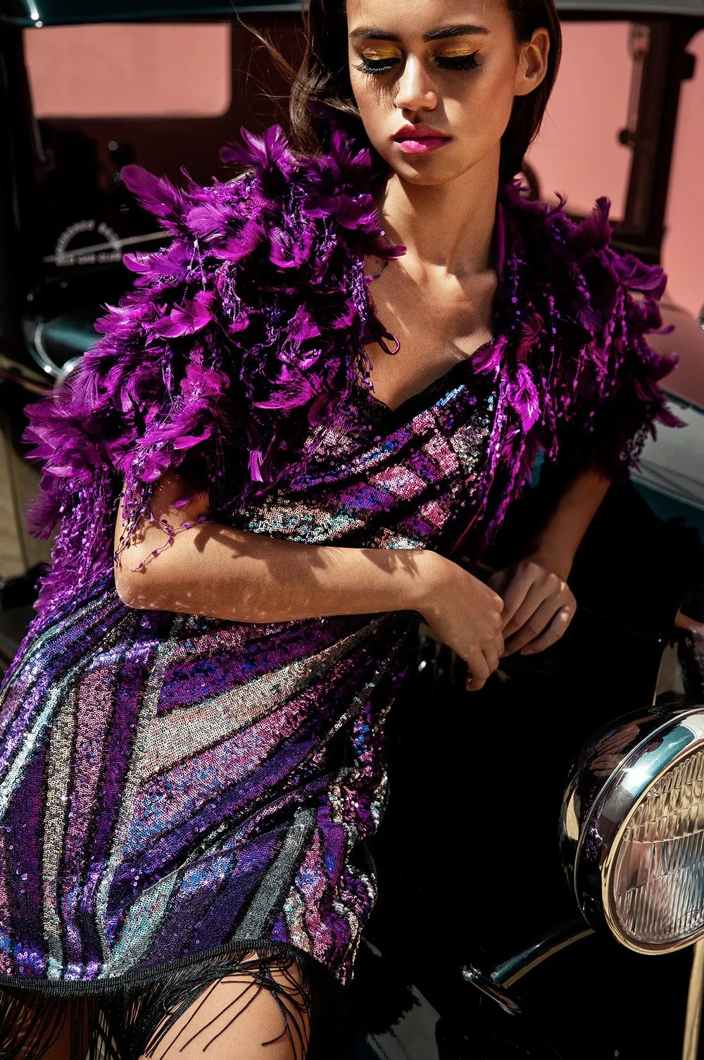 Ilona Rich Purple Geometric Sequin Tassel Dress
