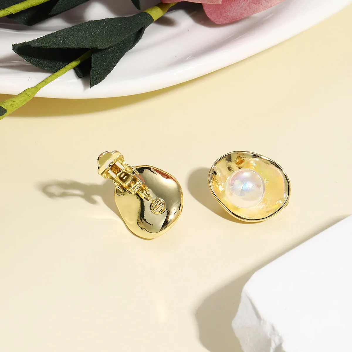 Iridescent Pearl & 18K Gold-Plated Lotus Huggie Earrings