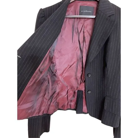John Richmond Women's Black Striped Formal Wool Blazer Suit Jacket Size 10