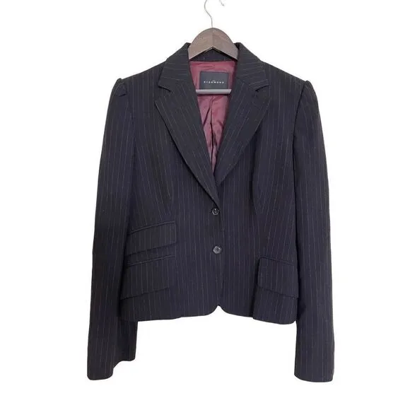 John Richmond Women's Black Striped Formal Wool Blazer Suit Jacket Size 10
