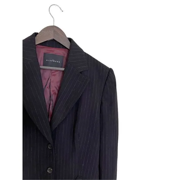 John Richmond Women's Black Striped Formal Wool Blazer Suit Jacket Size 10