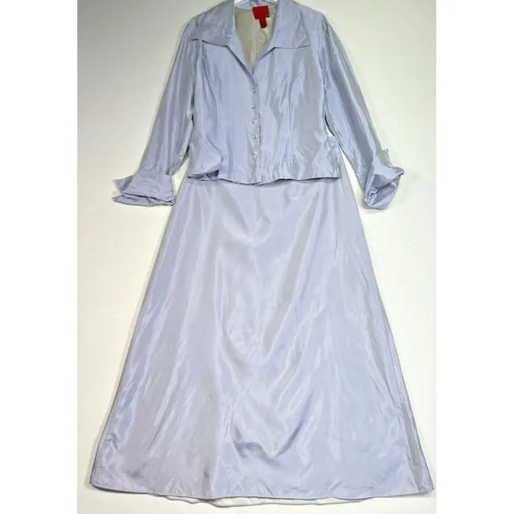 JS Collection Satin 2 Piece Blouse and Skirt Set Women's Size 12 Blue Gray