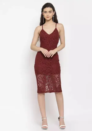 Lacy Sleeveless Plunging Neck Midi Dress