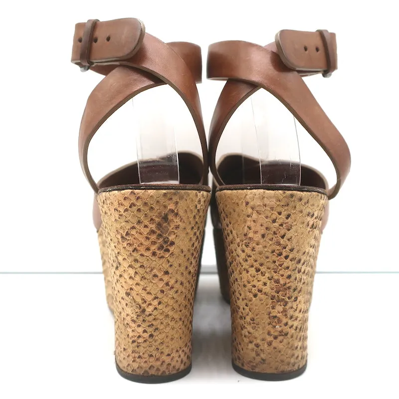 Lanvin Snake-Embossed Cork Platform Wedge Sandals Brown Leather Size 40