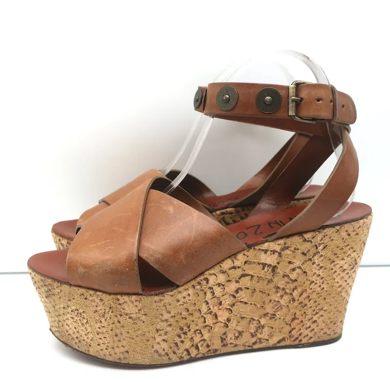 Lanvin Snake-Embossed Cork Platform Wedge Sandals Brown Leather Size 40
