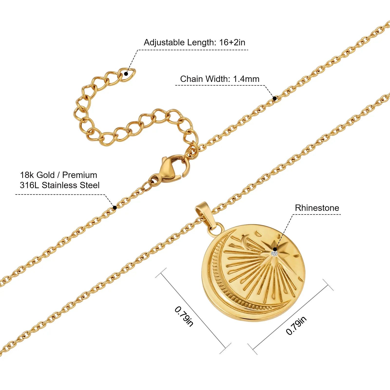 Light Moon Star Gold Coin Pendant Necklace for Women