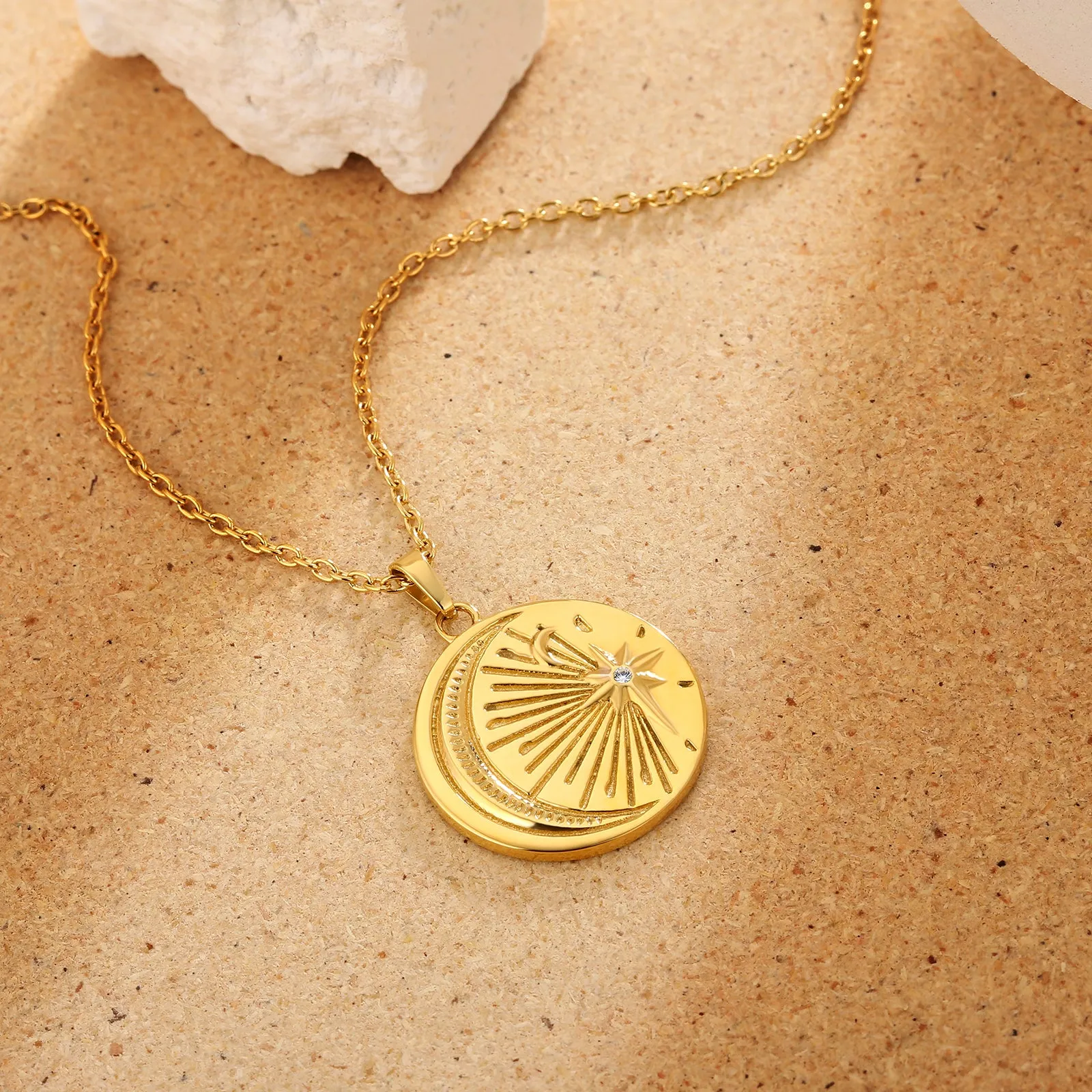 Light Moon Star Gold Coin Pendant Necklace for Women