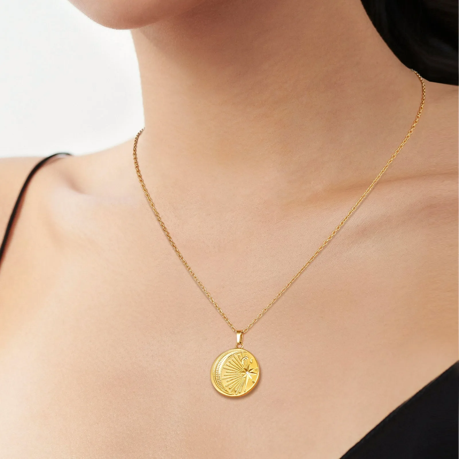 Light Moon Star Gold Coin Pendant Necklace for Women