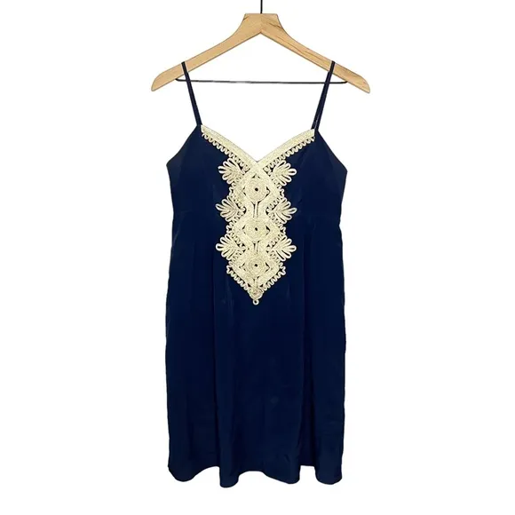 Lilly Pulitzer Metallic Gold Embroidered Kelsea Silk Dress in True Navy Blue 4
